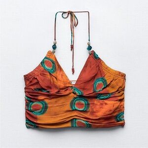 NWT Zara Rust tie dye printed beaded crop top